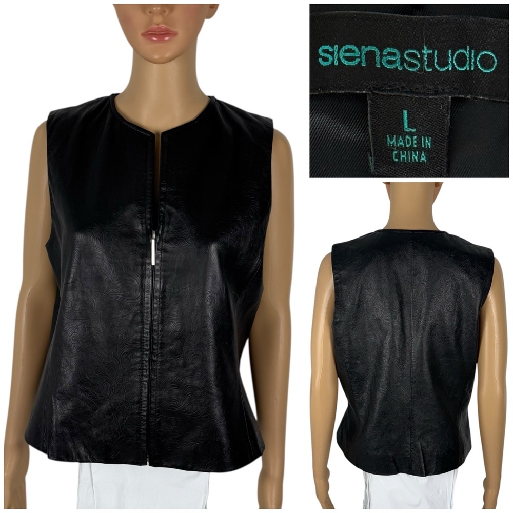 Siena Studio Womens Large Vest 100% Leather Floral Pattern Outdoor Black EUC